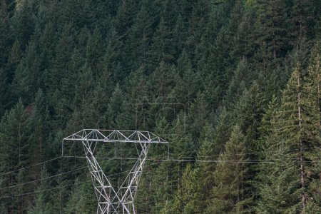 Téléchargez les photos : Lignes électriques à haute tension contrastées avec une colline boisée. - en image libre de droit