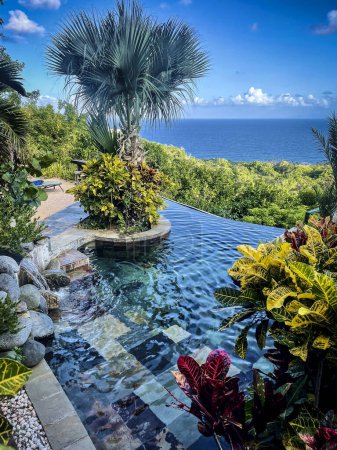 Téléchargez les photos : Belle piscine dans un cadre tropical avec vue sur l'océan - en image libre de droit