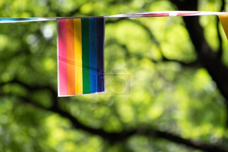 Téléchargez les photos : Gay pride drapeau arc-en-ciel bruant pendant le défilé de la fierté. - en image libre de droit