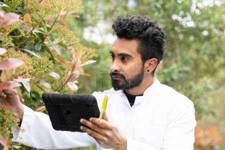 Téléchargez les photos : Jeune scientifique vérifiant plantes extérieures avec comprimé - en image libre de droit