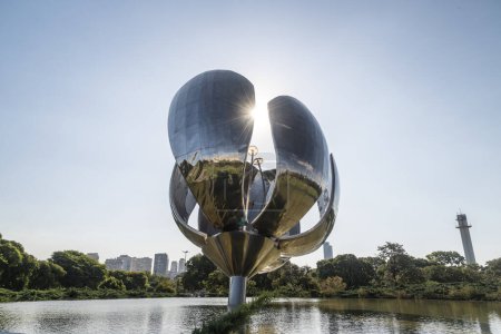 Photo for Beautiful view to metal Floralis Generica flower in green park in Buenos Aires, Argentina - Royalty Free Image