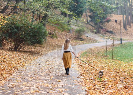 Foto de Mujer joven está paseando a un perro beagle en un parque de otoño - Imagen libre de derechos