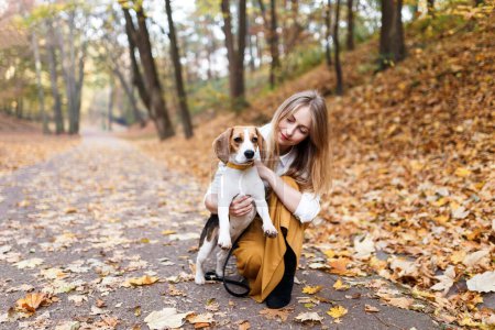Foto de Chica rubia joven juega con un perro beagle en un parque de otoño - Imagen libre de derechos