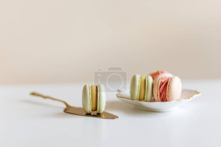 Foto de Coloridos macarrones frescos yacen en una bandeja recién preparada en la cocina - Imagen libre de derechos