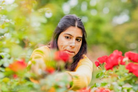 Téléchargez les photos : Jeune femme dehors couper des roses - en image libre de droit