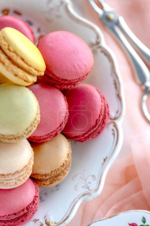 Photo for French macarons over head pretty colours in selective focus for text - Royalty Free Image