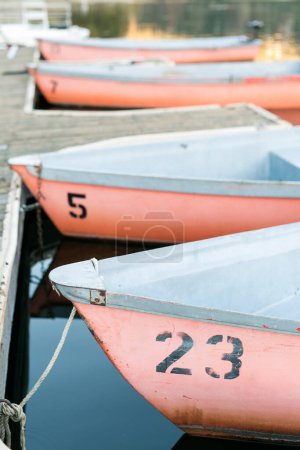 Ruderboote reihen sich in der Abenddämmerung nummeriert und ruhig