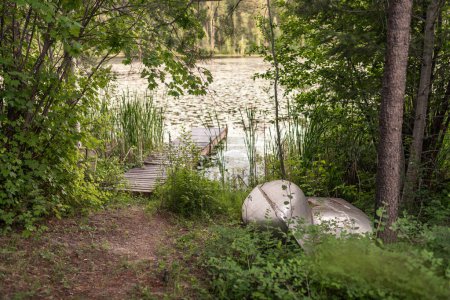 Un canot au bord d'un lac luxuriant, chuchotant tranquillité et aventure.