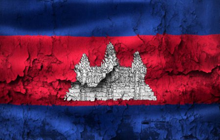3D-Illustration d'un drapeau cambodgien sur un mur fissuré