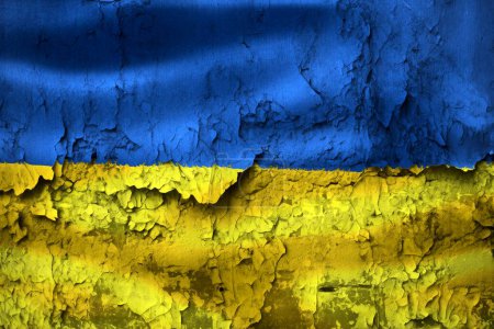 Foto de 3D-Ilustración de una bandera de Ucrania en la pared agrietada grunge - Imagen libre de derechos