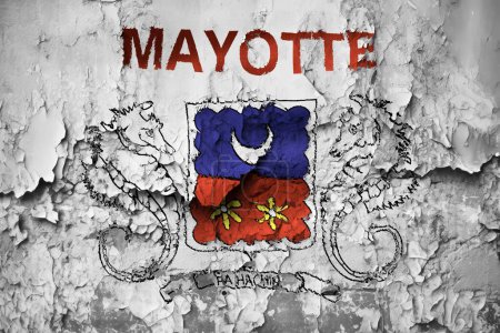 3D-Illustration einer Mayotte-Flagge auf einer Grunge-Risswand