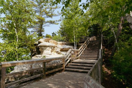 Photo for Stair winds down to an overlook of Pictured Rocks National Lake Shore - Royalty Free Image