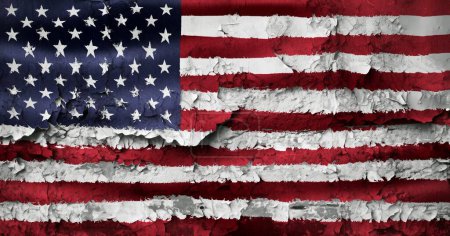 Ilustración 3D de una bandera de EE.UU. en la pared agrietada grunge 