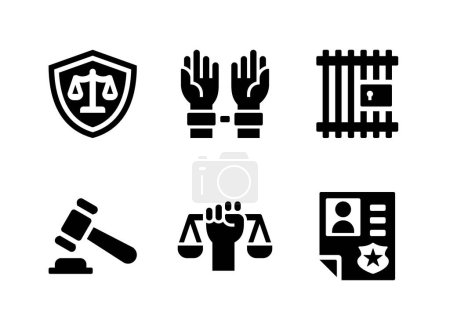 Téléchargez les illustrations : Ensemble simple d'icônes solides vectorielles liées à la justice et au droit. Contient des icônes comme la protection de la loi, arrestation, prison et plus. - en licence libre de droit
