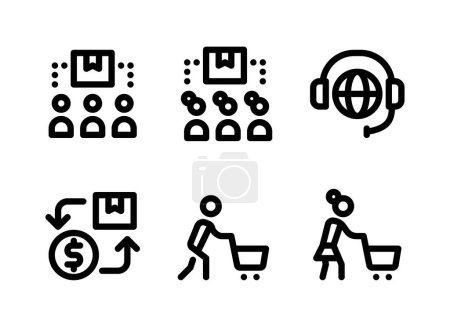 Téléchargez les illustrations : Ensemble simple d'icônes de ligne vectorielle liées à l'économie de marché. Contient des icônes en tant que consommateurs, support client, achat de produits et plus. - en licence libre de droit