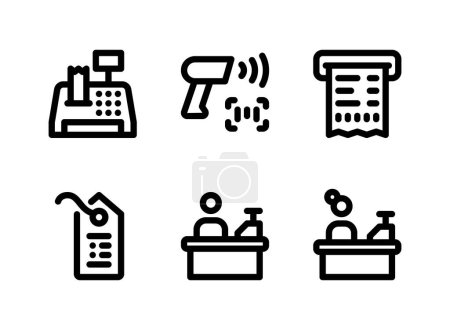 Ilustración de Conjunto simple de iconos de la línea vectorial relacionados con el supermercado. Contiene iconos como cajero automático, escáner de código de barras, recibo de efectivo y más. - Imagen libre de derechos