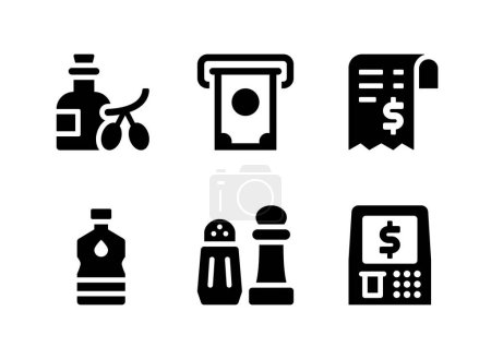 Ilustración de Conjunto simple de iconos sólidos vectoriales relacionados con el supermercado. Contiene iconos como el aceite de oliva, Retirar, Recibo de efectivo y más. - Imagen libre de derechos