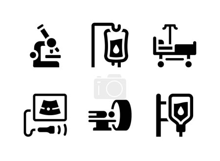 Conjunto simple de equipos médicos relacionados con los iconos sólidos vectoriales. Contiene iconos como microscopio, goteo de Iv, cama de hospital y más.