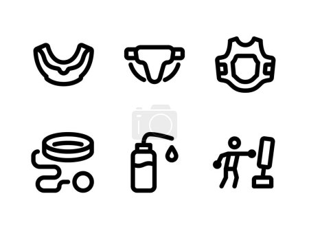 Einfaches Set von Vektor-Linien-Symbolen für das Boxen. Enthält Symbole wie Mundschutz, Leistenschutz, Brustschutz und mehr.