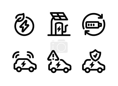 Einfache Reihe von Symbolen für Elektrofahrzeuge. Enthält Symbole wie Öko-Energie, Ladestation, Batterie-Recycling und mehr.