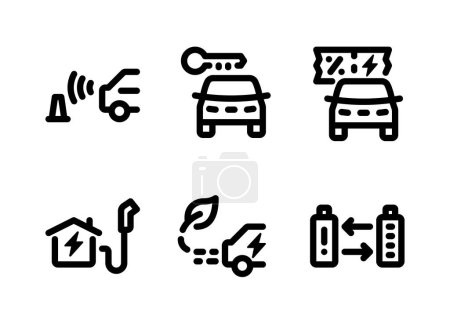 Einfache Reihe von Symbolen für Elektrofahrzeuge. Enthält Symbole wie Parksensoren, Autoschlüssel, Autohaus und mehr.