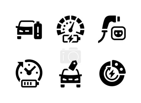 Einfache Reihe von Elektrofahrzeugen verwandte solide Symbole. Enthält Symbole wie Autobatterie, Armaturenbrett, Ladeanschluss und mehr.