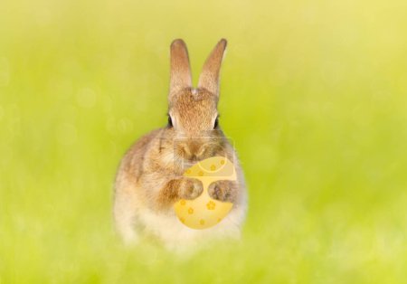 Photo for Close up of a cute little rabbit holding an Easter egg, UK. - Royalty Free Image