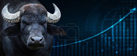 Photo for Abstract financial chart with uptrend line graph arrow and portrait of a bull in stock market on blue colour background. - Royalty Free Image
