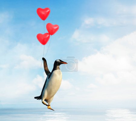 Téléchargez les photos : Gros plan d'un pingouin volant avec des ballons rouges en forme de coeur au-dessus de l'eau. - en image libre de droit