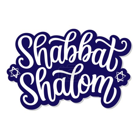 Téléchargez les illustrations : Shabbat Shalom. Texte de lettrage à la main avec des étoiles de David isolées sur fond blanc. Typographie vectorielle pour cartes, bannières, affiches - en licence libre de droit