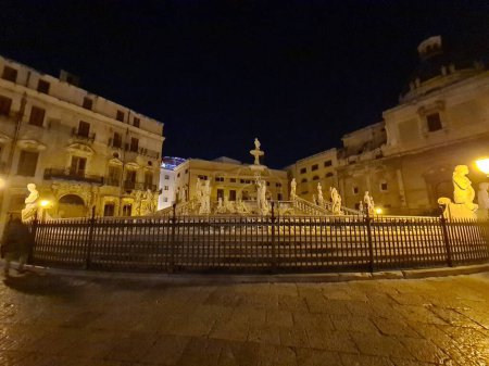 Photo for Palermo, Italy, Piazza Pretoria or Piazza della Vergogna, evocative night imageof the fountain in the square - Royalty Free Image