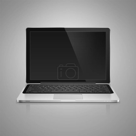 Téléchargez les illustrations : Illustration vectorielle réaliste détaillée de l'ordinateur portable moderne avec écran blanc sur fond gris. - en licence libre de droit