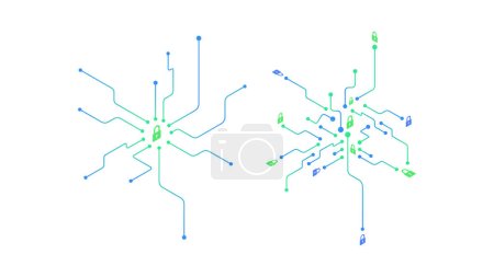 Ilustración de Centralized and Decentralized digital block chain system concept background - Imagen libre de derechos