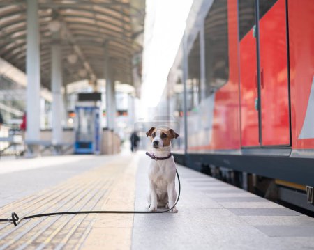 Jack Russell Terrier dog sits alone at the train station outdoors