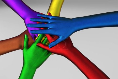 Photo for Multi-colored female hands on top of each other as a team. 3d illustration - Royalty Free Image