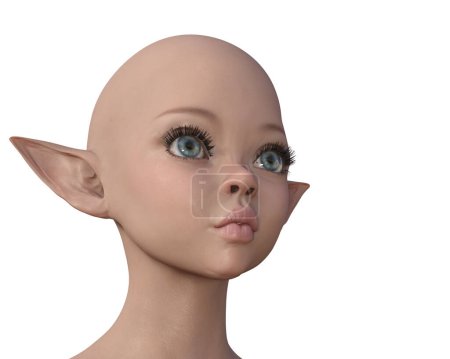 3D-Darstellung. Porträt einer Elfe auf weißem Hintergrund