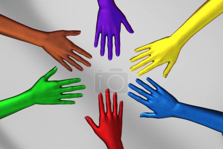 Photo for Multi-colored female hands on top of each other as a team. 3d illustration - Royalty Free Image
