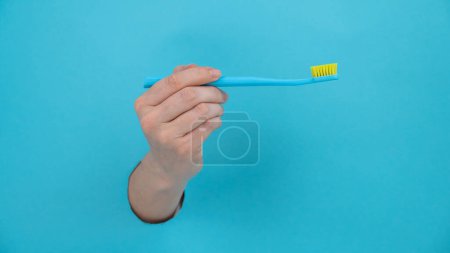 A womans hand sticks out of a blue paper background and holds a toothbrush