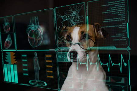 Téléchargez les photos : Jack Russell Terrier chien regarde les données sur l'écran médical du menu virtuel. Lectures sur le moniteur de survie - en image libre de droit