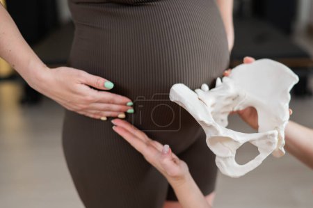 Téléchargez les photos : Doula explique le processus d'accouchement sur un échantillon du bassin d'une femme enceinte - en image libre de droit