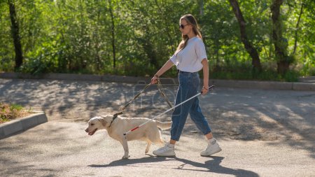Photo for Blind woman walking with guide dog in the park - Royalty Free Image