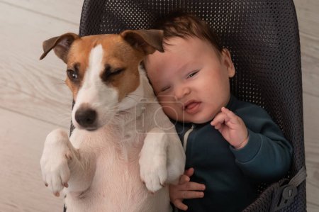 Ein Hund und ein süßer, drei Monate alter Junge in einem blauen Overall sitzen zusammen in einer Babyliege.