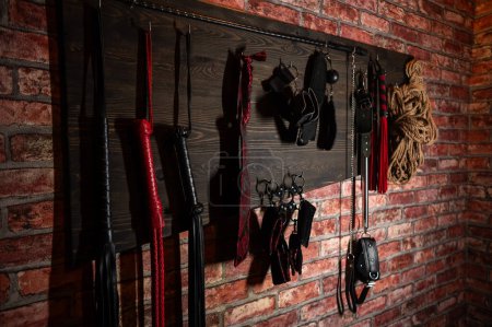 A set of BDSM equipment hanging on the wall