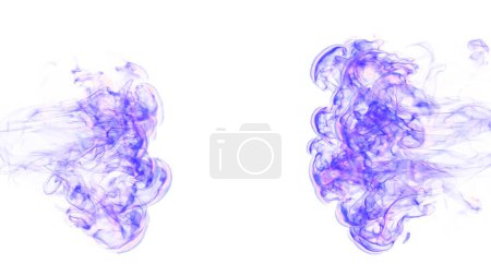 3D-Illustration. Zungen lila Flamme kollidieren von gegenüberliegenden Seiten auf weißem Hintergrund