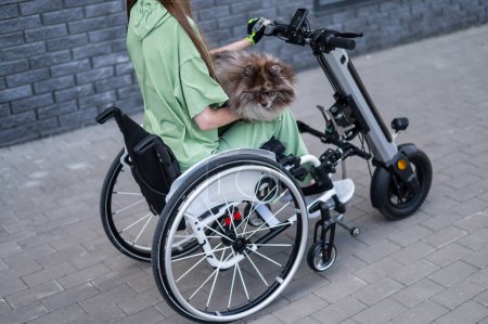 Foto de Una mujer en silla de ruedas con un dispositivo de asistencia de control manual lleva un perro merle Spitz. Handbike eléctrico - Imagen libre de derechos