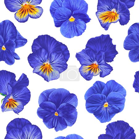 Leuchtend blauer Hintergrund mit realistischen Stiefmütterchenblumen. Hochdetaillierte handgezeichnete Vektorröschen für Tapeten, Banner, soziale Netzwerke, persönliche Blogs, Drucke für Kleidung, Textilien