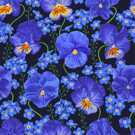 Illustration for Seamless vector pattern, blue flowers on dark background. Repeating pattern for textiles, clothing prints, design your print products in beauty industry, wallpapers, banners, advertising. - Royalty Free Image