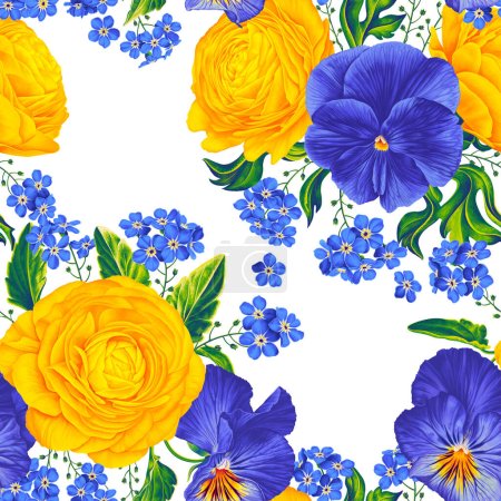 Illustration for Realistic botanical seamless vector pattern. Yellow and blue flowers. Buttercups, Viola, Pansies, forget-me-not in repeating motif for your design, cards, invitations, textiles, clothing designs - Royalty Free Image