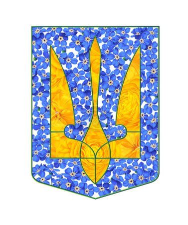 Illustration for Element of the State Emblem of Ukraine in the form of a trident special shape on a blue background. Yellow vector realistic flowers on blue background. Pansies, Buttercups, Forget-me-not. - Royalty Free Image