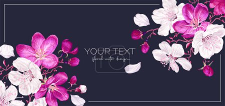 Bannière horizontale vectorielle sur fond sombre avec des fleurs de pommes roses et blanches. Conception botanique printanière pour bannières dans les réseaux sociaux, publicité, conception d'emballage de cosmétiques, spa, parfum.